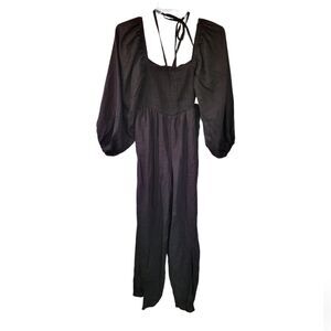 Eloquii Black Puff Sleeve Linen Blend Smocked Jumpsuit Size 16